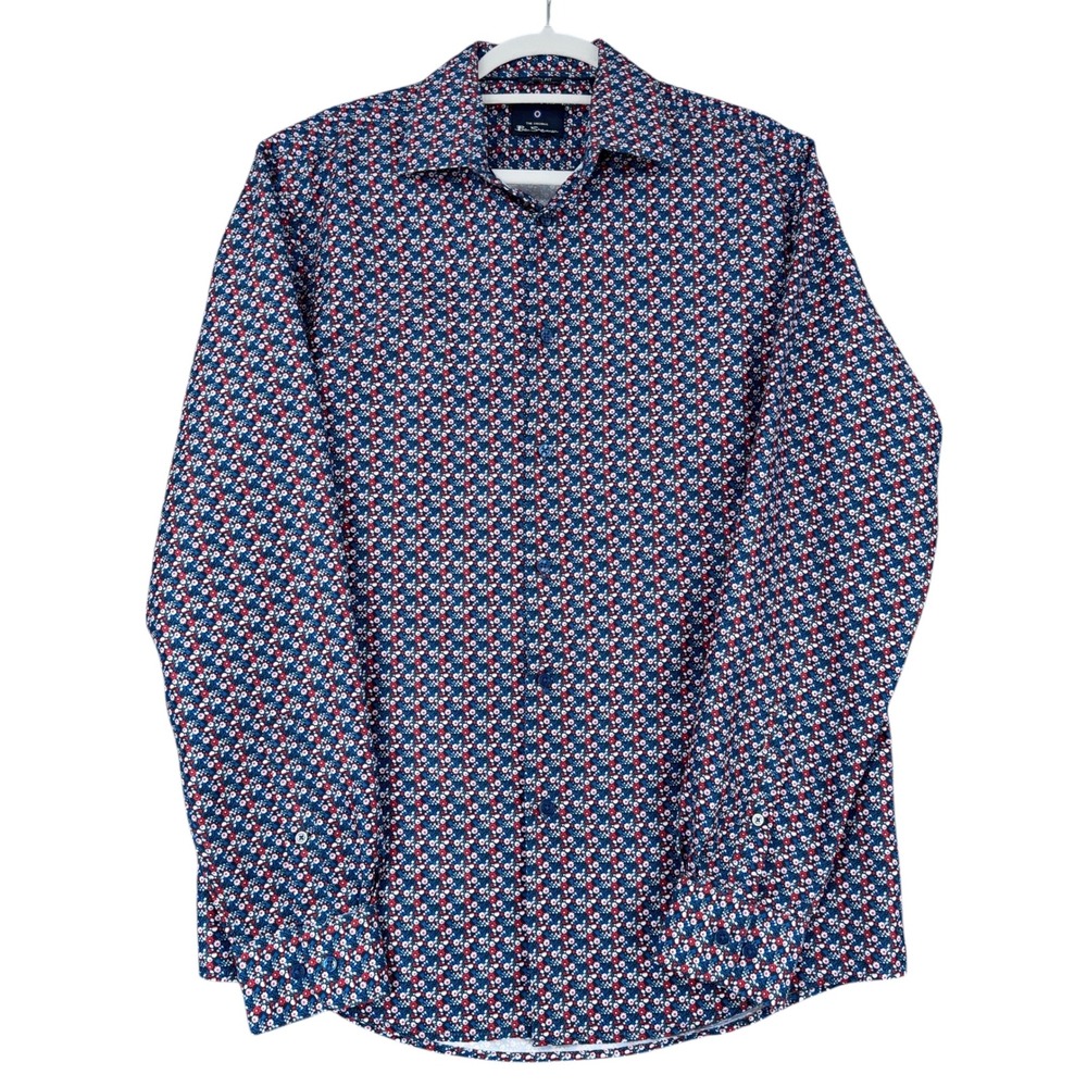Ben Sherman Slim Fit Men's Long Sleeve Button Down Shirt Floral Print Blue Red L